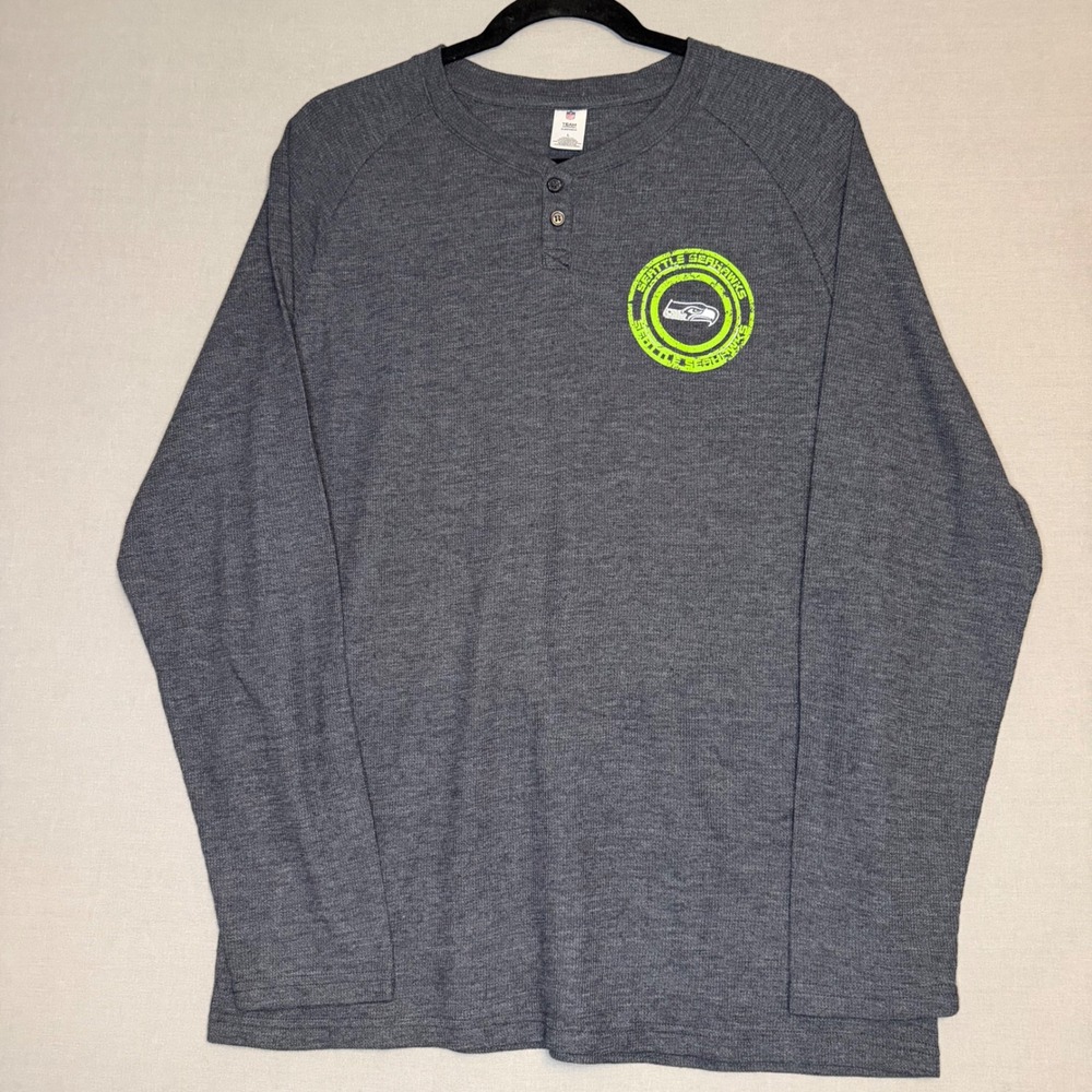 NFL Team Apparel Seattle Seahawks Mens L Gray Waffle Knit Henley Top